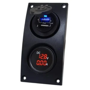 Talamex, buet bryterpanel med dobbel USB og digital volt-+ amp meter, 12-24V, 3,4A