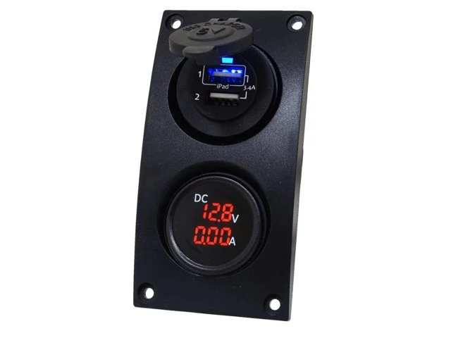 Talamex, buet bryterpanel med dobbel USB og digital volt-+ amp meter, 12-24V, 3,4A