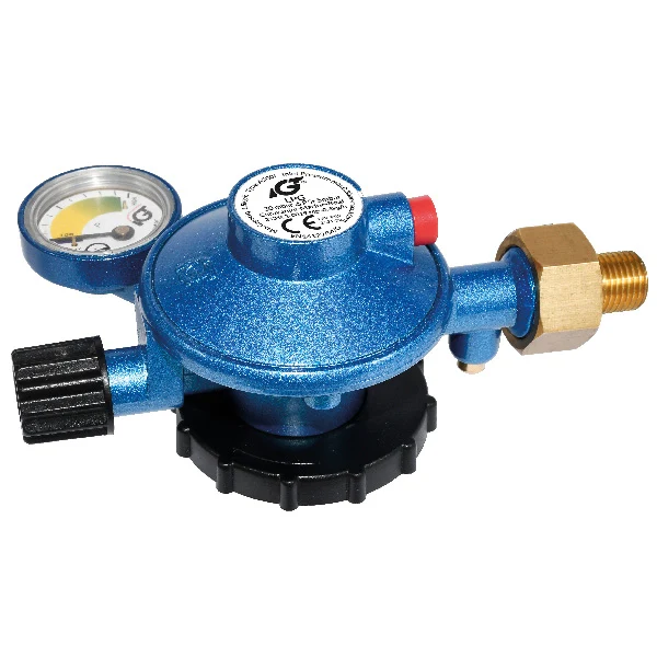 IGT, Gassregulator med manometer blå CGI - gassflasker (propan), EN16129-DM, M16x1,5, 1/4” venstre gjenge