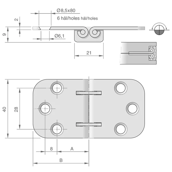Roca, Bordhengsel RF 75x40mm, 180º, AISI 316
