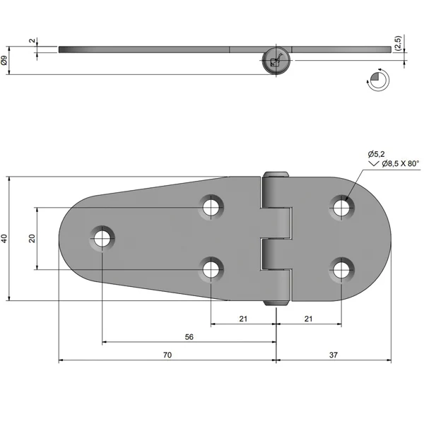 Roca, hengsel omvendt aksel RF, 107x40mm, AISI 316
