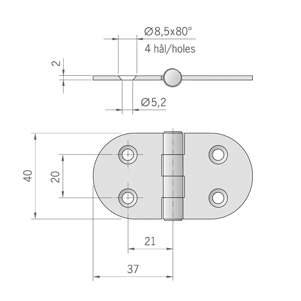 Roca, hengselsentrert aksel RF, 74x40mm, AISI 316
