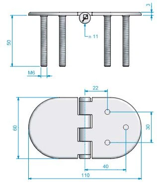 Roca, Sterkt hengsel RF m/faste M6 skruer, AISI 316, 60x110mm