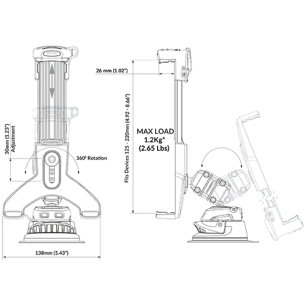 ROKK, iPad/Nettbrett monteringssett med sugekopp, 125 mm - 220 mm