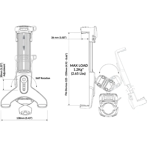 ROKK, iPad/Nettbrett monteringssett rekkverk Ø19-34 mm (maks 1,2 kg)