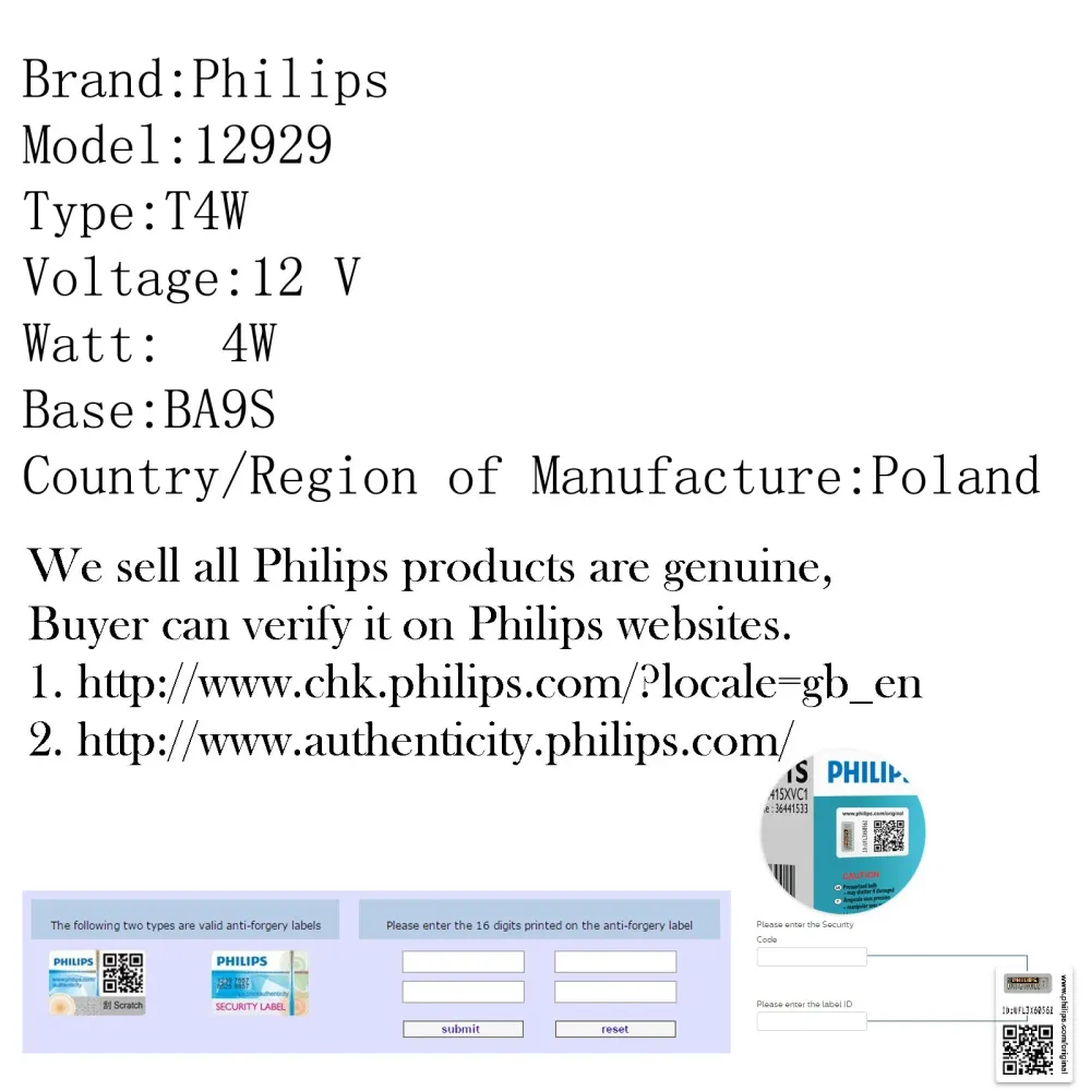 10pcs Ekte Philips 12929 12V 4W T4W BA9S Premium Signalering Lampepærer Generisk