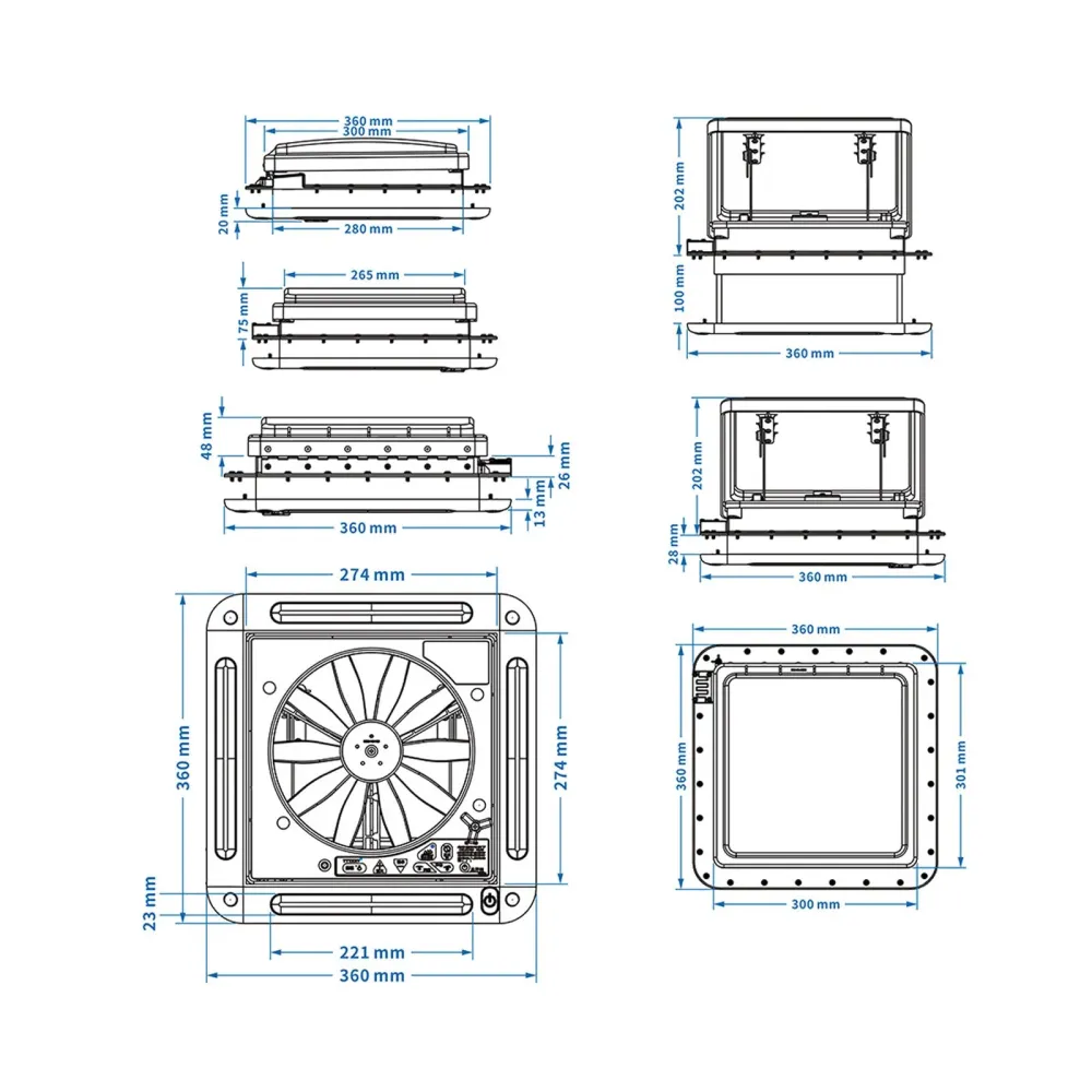 11" 12V med LED-lys bobil takventil motor bobil vifte takvindu