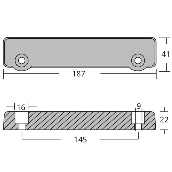 1852, sinkanode Volvo AQ Drive, 832598, bredde 41 mm, hullavstand 145 mm, høyde 22 mm, lengde 187 mm, 0,86 kg
