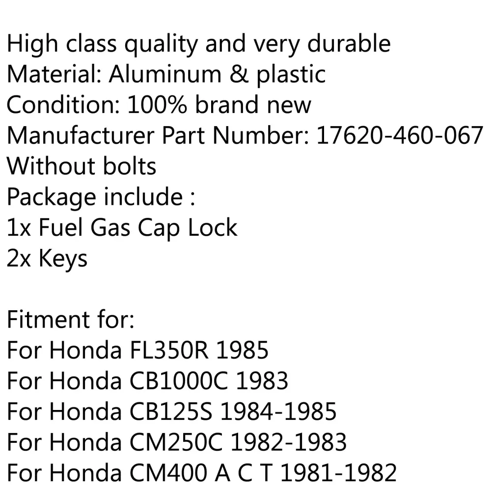 Fuel Gas Cap Tank Lock Honda CM250C 400 CB450 125 650 750SC GL500 650 VF500F Generisk