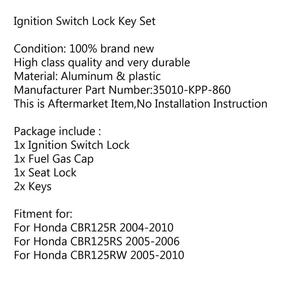Ignition Switch Fuel Gas Cap Seat Lock Key Set 35010-KPP-860 Honda CBR125R 2004-2010