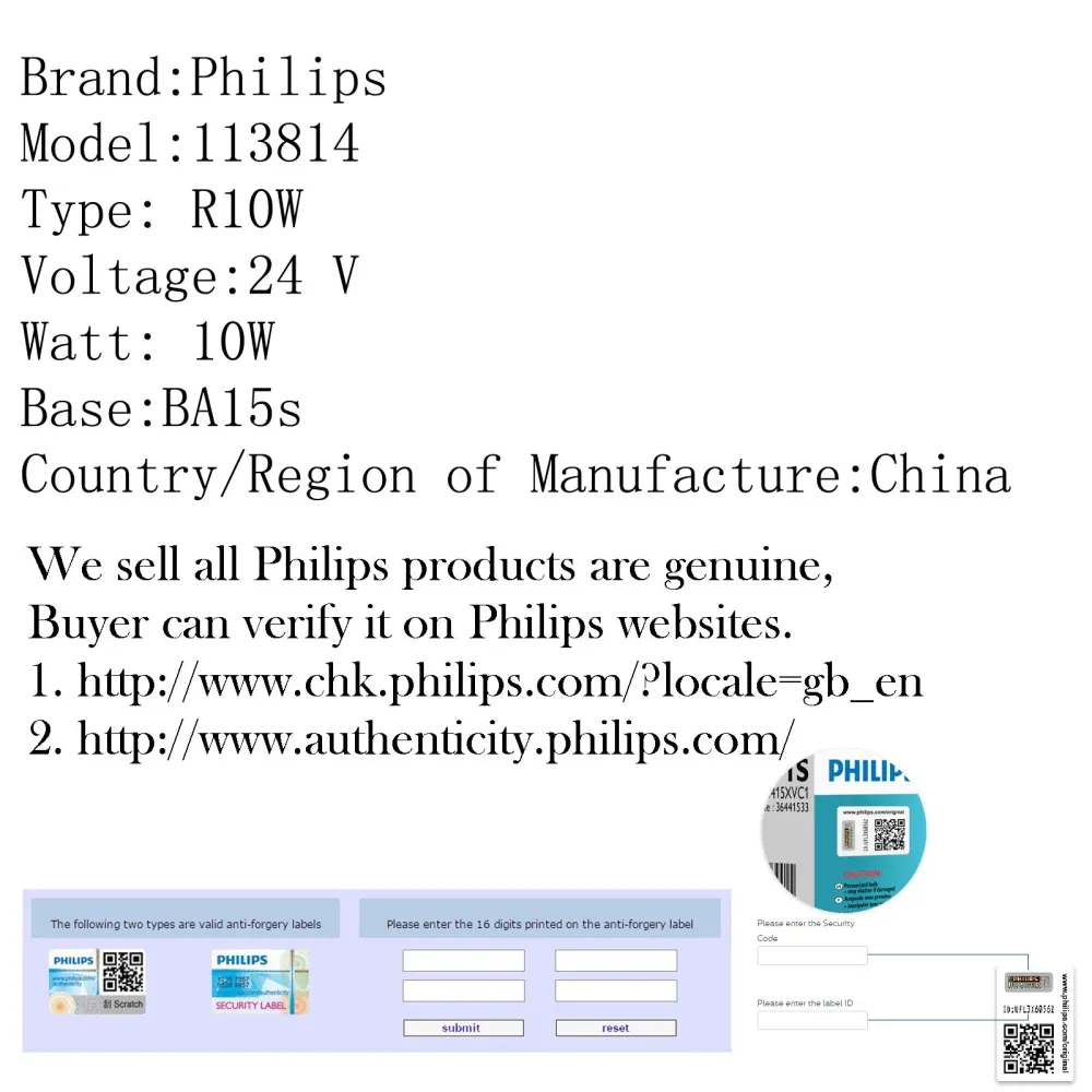 10 stk Ekte Philips 13814 24V 10W R10W BA15S Standard singalinglampepærer generisk