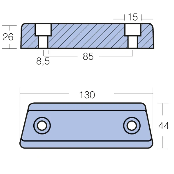 Tecnoseal, Aq Drive Anode, 290 Duo Prop, sink, 0,76 kg, 46 mm x 25 mm x 132 mm, 86 mm hullavstand