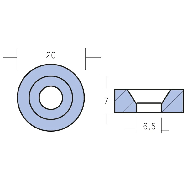 Tecnoseal, Sinkanode Suzuki/Johnson/Evinrude/Mercury/Tohatsu, Ø: 20,0 mm, Høyde: 7,0 mm, Original nr.: 11130-94600