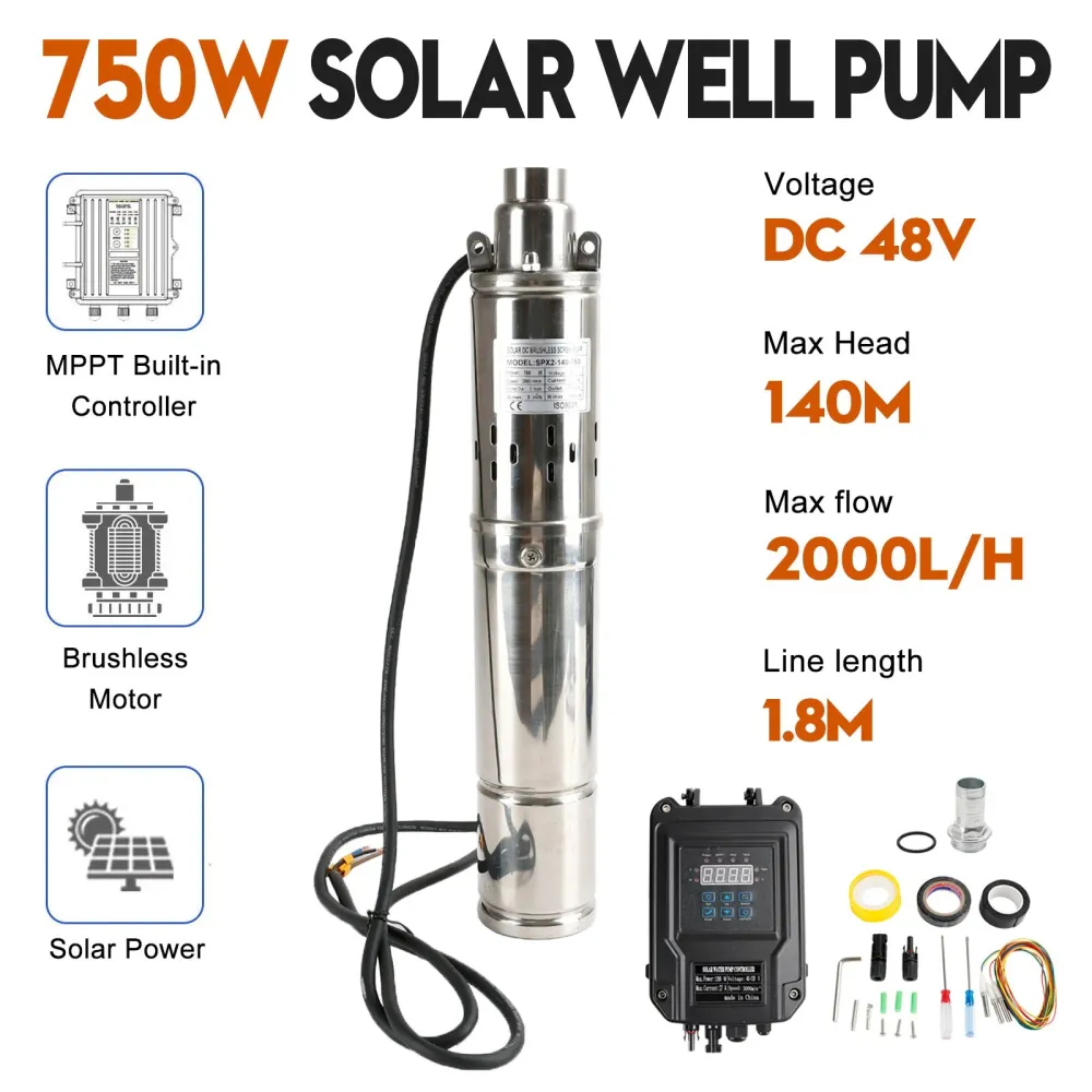 3" 48V 750W MPPT skrue-solcellepumpe nedsenkbar dypbrønnspumpe i stål